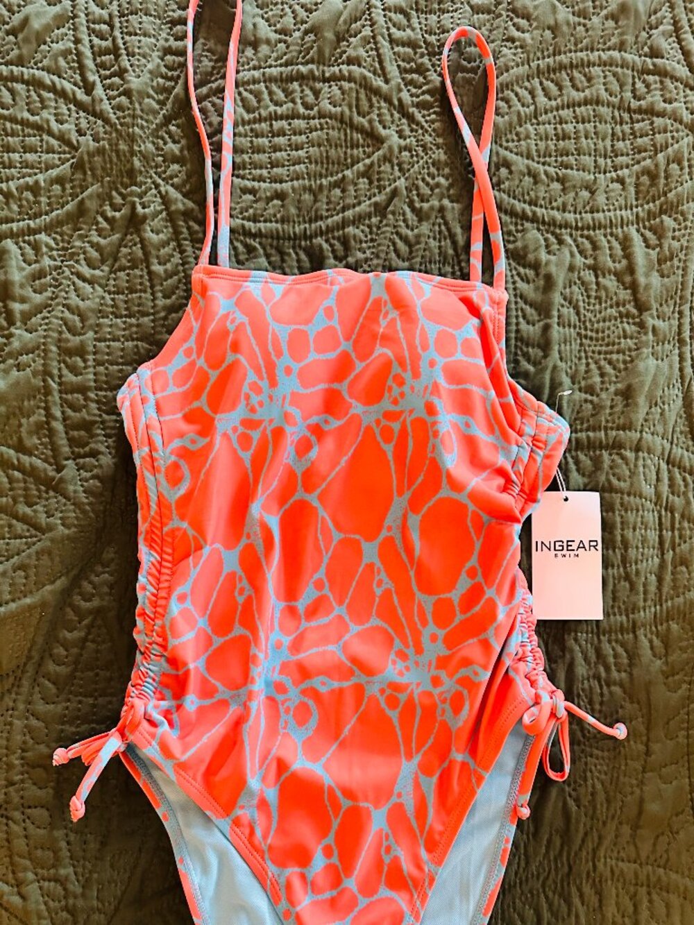 NWT INGEAR Coral & Blue Abstract Print One-Piece Swimsuit, size M